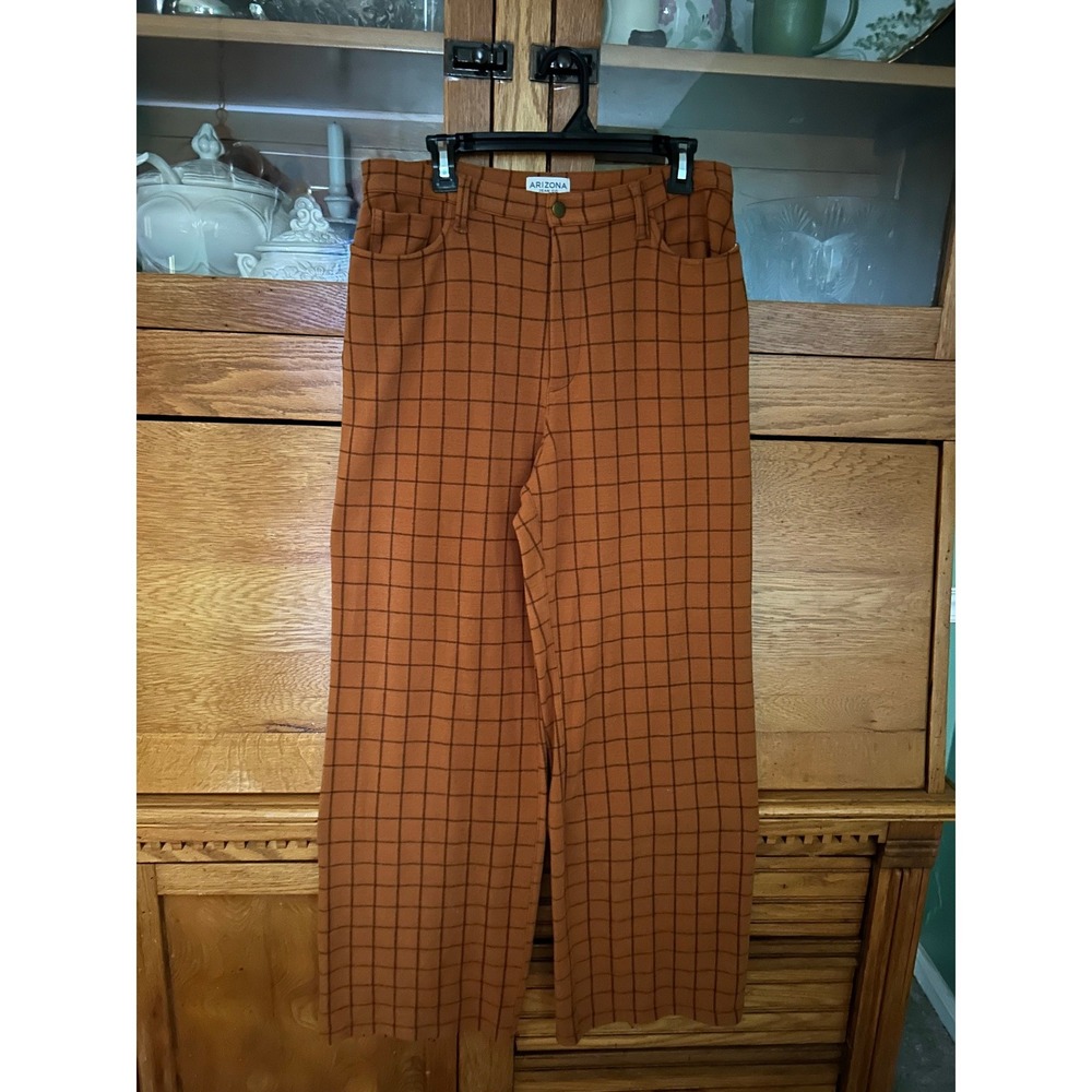 Arizona Jean Co Groovy Rust Orange Windowpane Grid Wide Leg Pants 90s Grunge